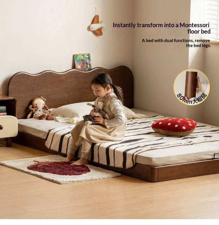 Rubberwood Solid Wood Low Kids Bed with Removable Legs and Adjustable Headboard Height