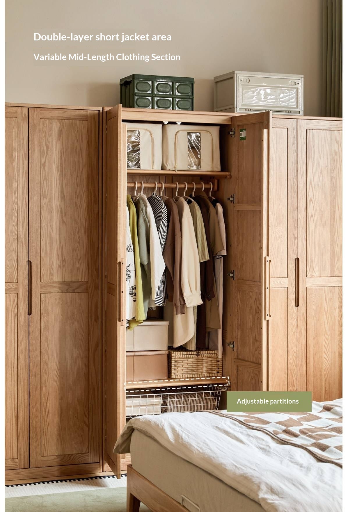 Oak solid wood Wardrobe with Flat Panel Doors and Groove Handles
