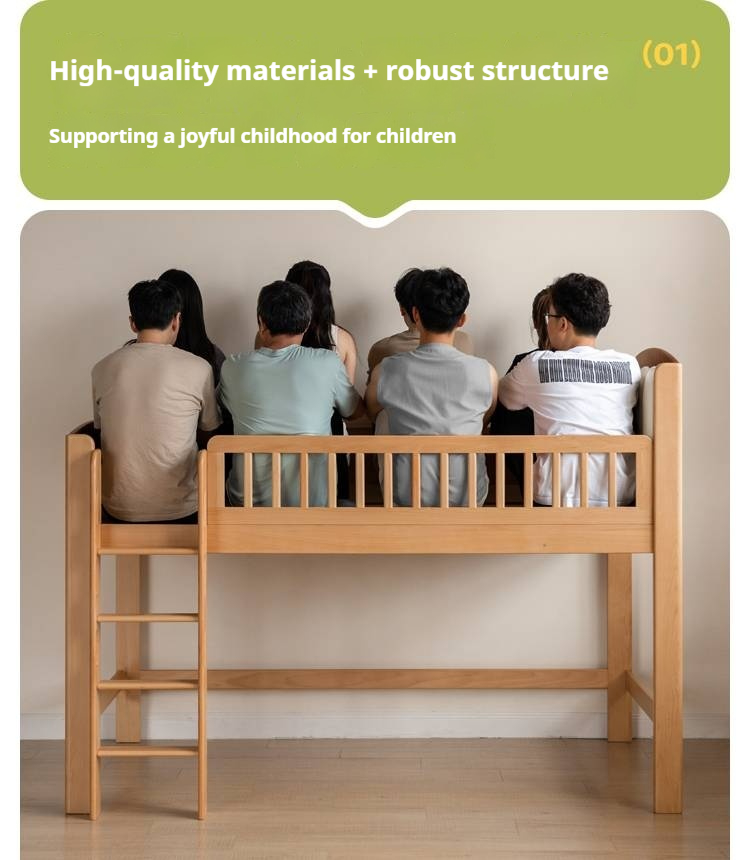 Beech Solid Wood Children's Soft Backrest Storage Loft Bed with Night Light