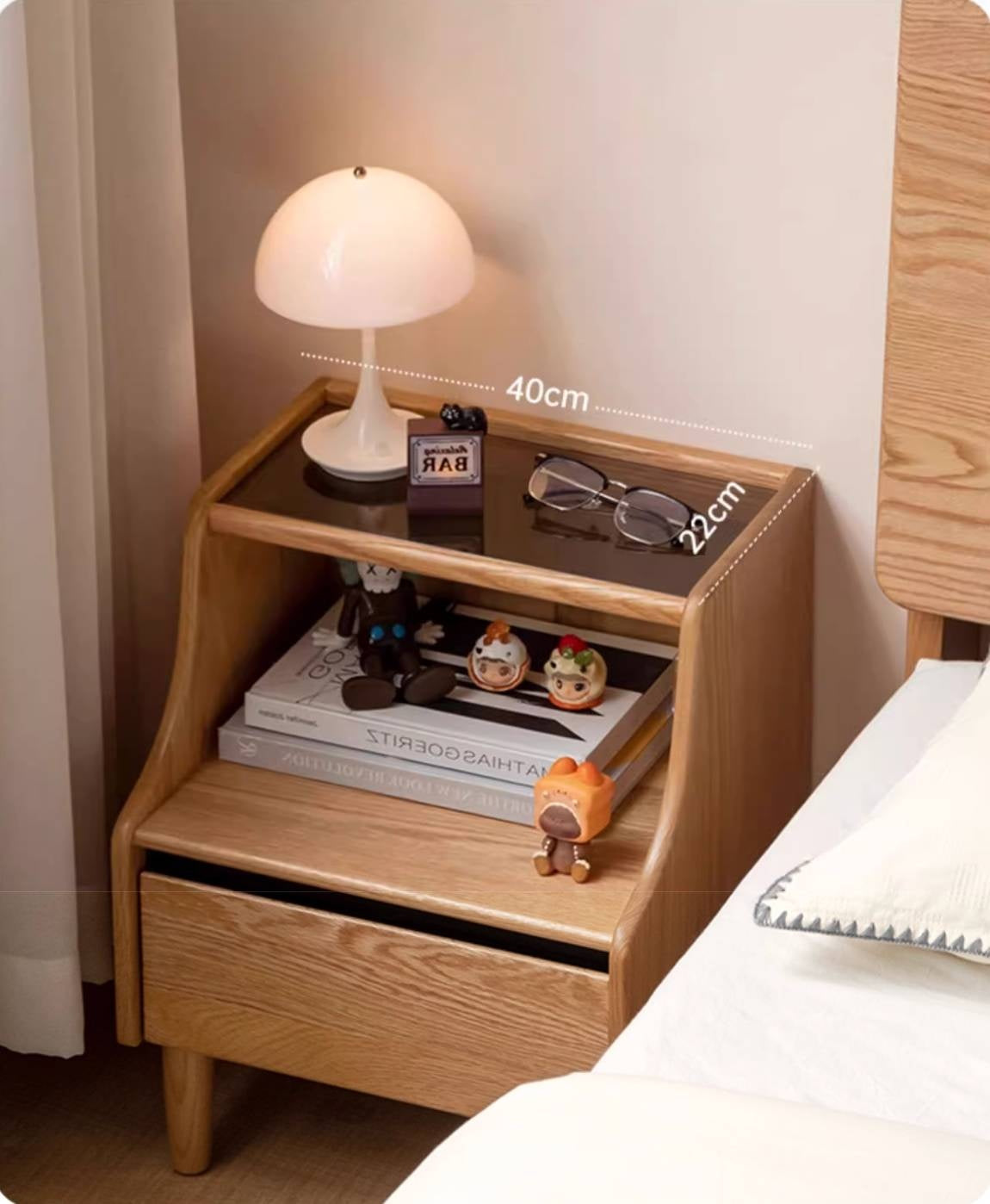Solid RubberWood, Oak Solid Wood Nightstand with Glass Door with Storage