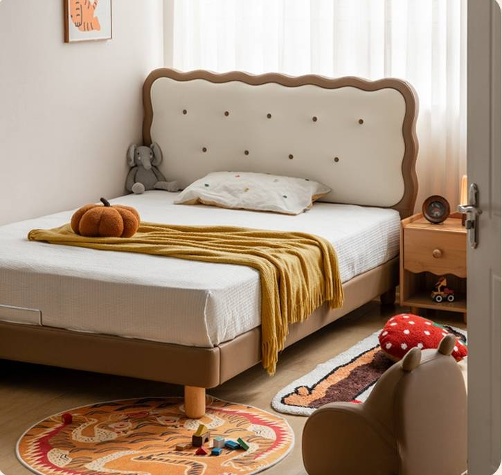 Beech Solid Wood Children's Organic Leather Soft High Headboard Biscuit Bed