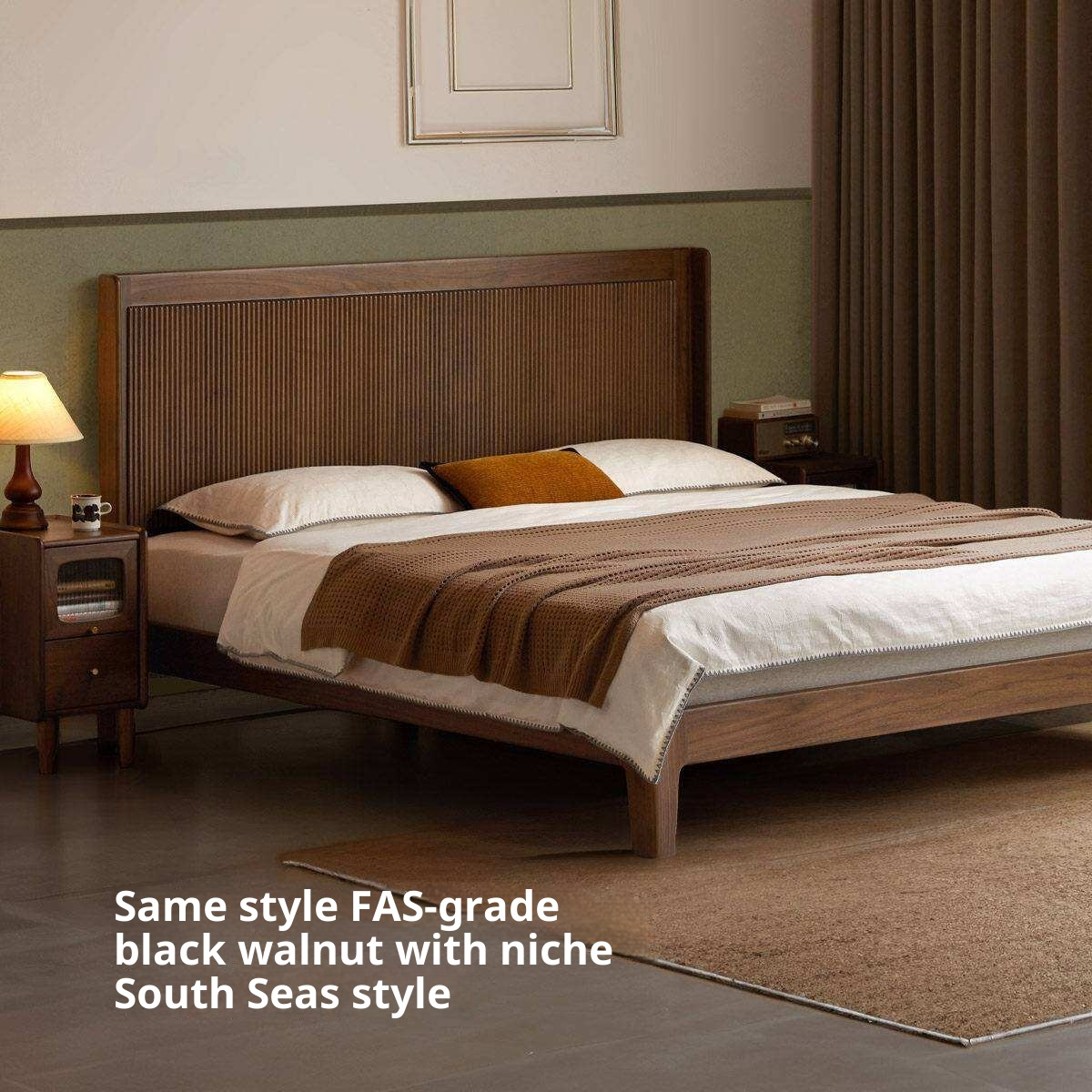 North American Tulipwood Solid Wood Platform Bed with Reeded Headboard