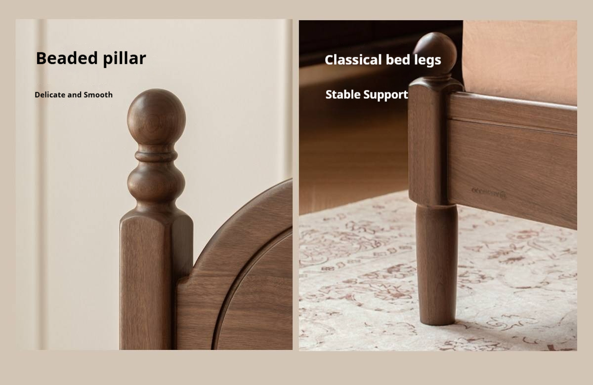 Black Walnut Solid Wood French Country Arched Platform Bed with Turned Posts