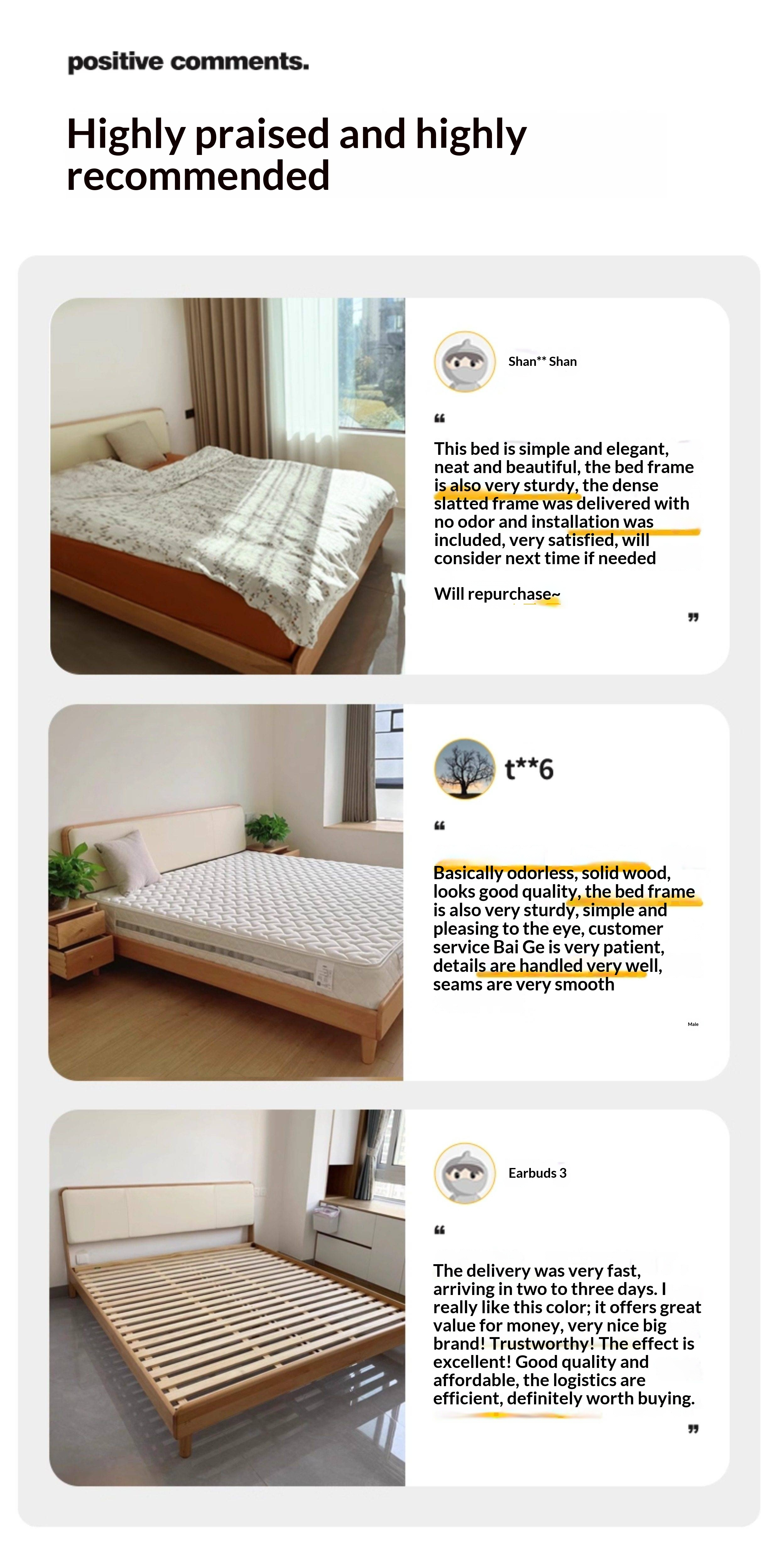 European Beech Solid Wood Bed — Soft Headboard, Simple Upholstered Light Luxury Bed