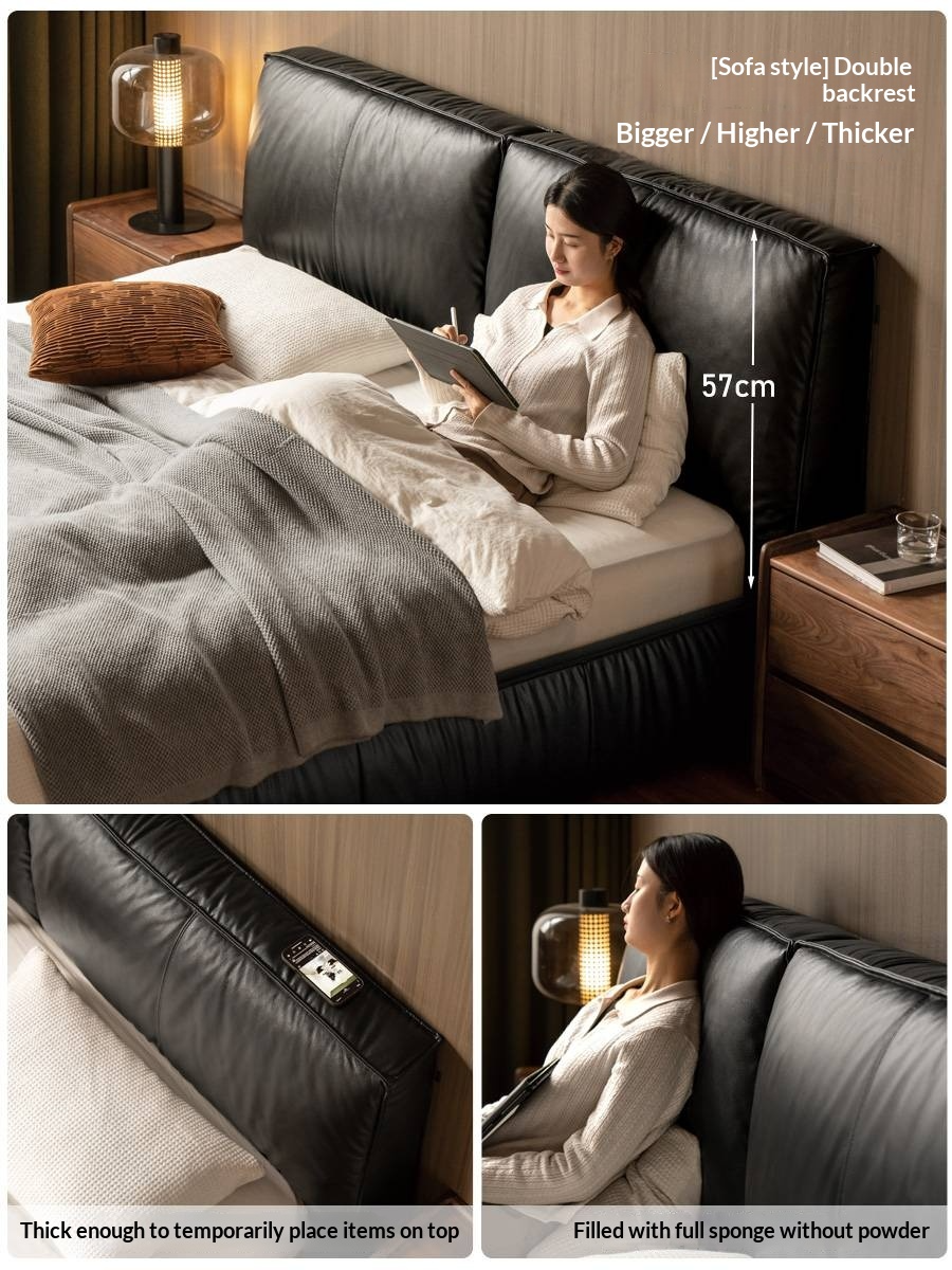 Genuine Leather Upholstered Bed — Black Large Bed, Italian Light Luxury Design