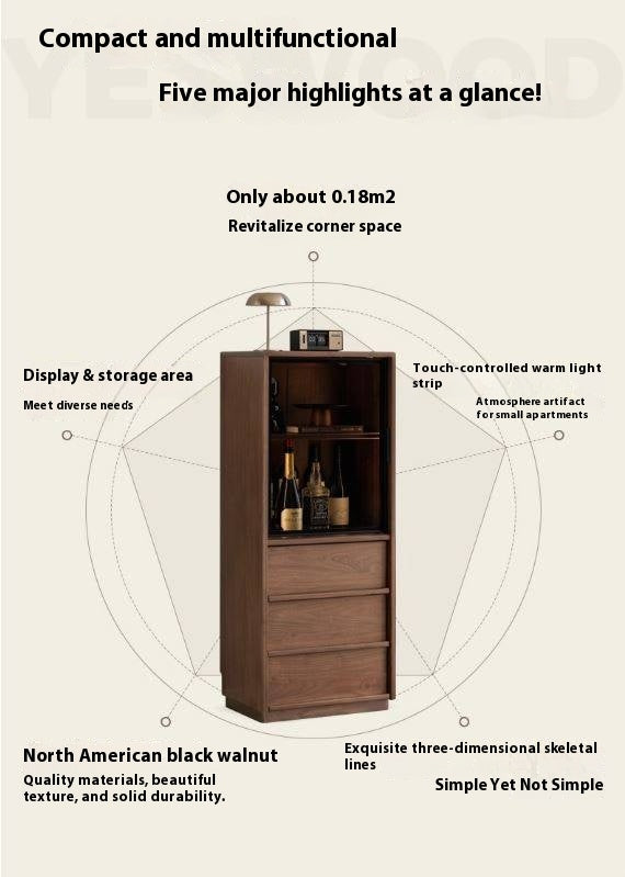 Black Walnut, Ash Solid Wood Side Cabinet With Light Display