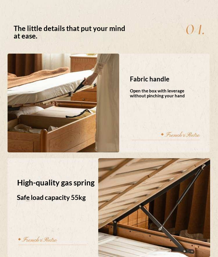 Cherry Solid Wood Box Bed with French Country Arched Upholstered Headboard and Spindle Posts