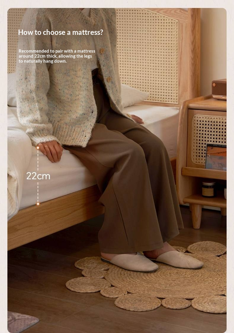 Oak Solid Wood Bed — Light Retro Style with Rattan Design