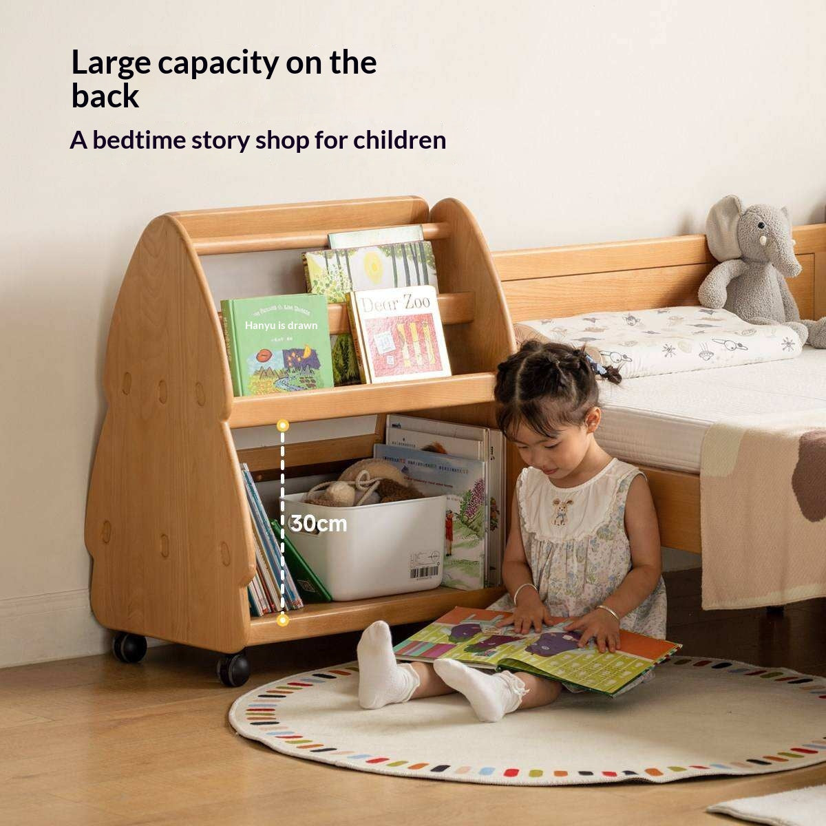 Beech, Poplar Solid Wood Movable Kids Bookshelf with Wheels, Multifunctional Storage