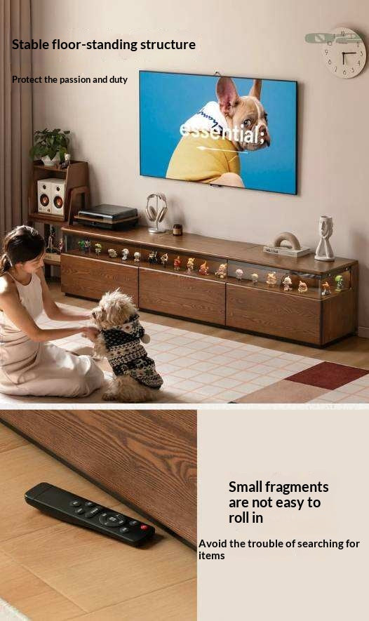 Ash Solid Wood TV Cabinet with Floor-Standing Storage and Display Shelves