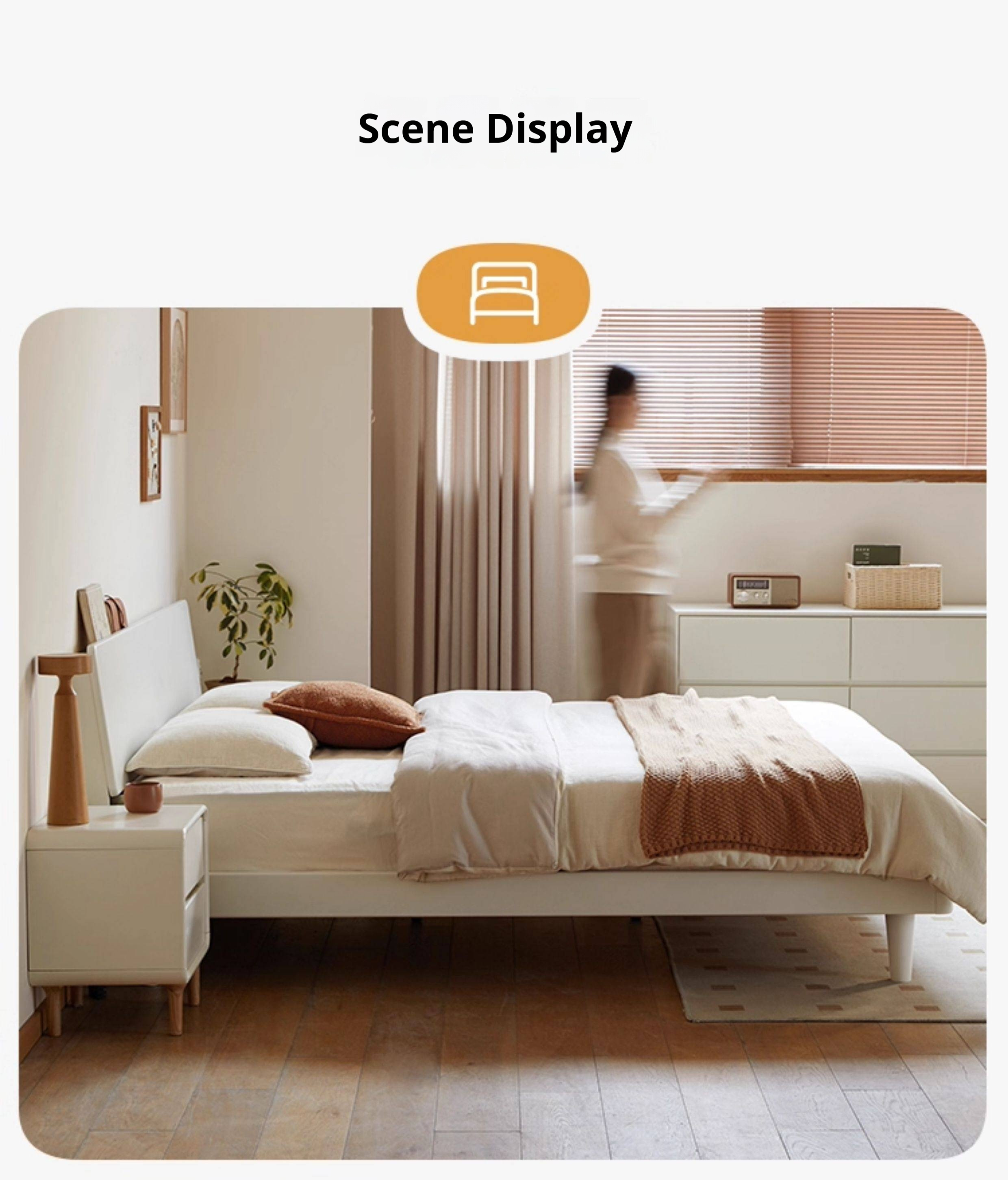 Pine Solid Wood Bed — Modern Minimalist Style with Creamy Design and Night Light