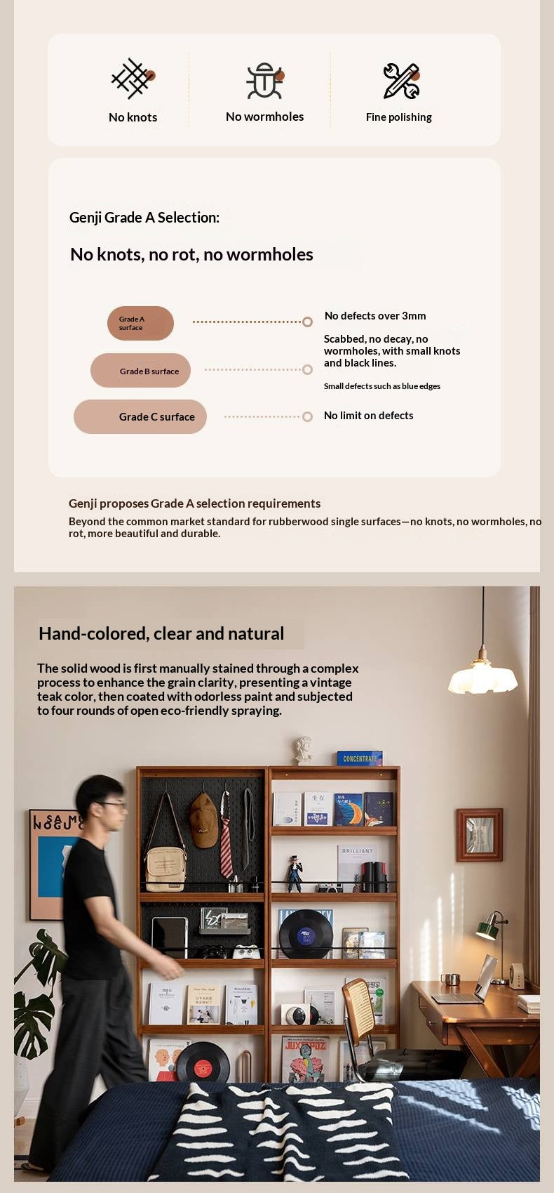 Solid Rubberwood Vintage Style Ultra-Thin Bookshelf