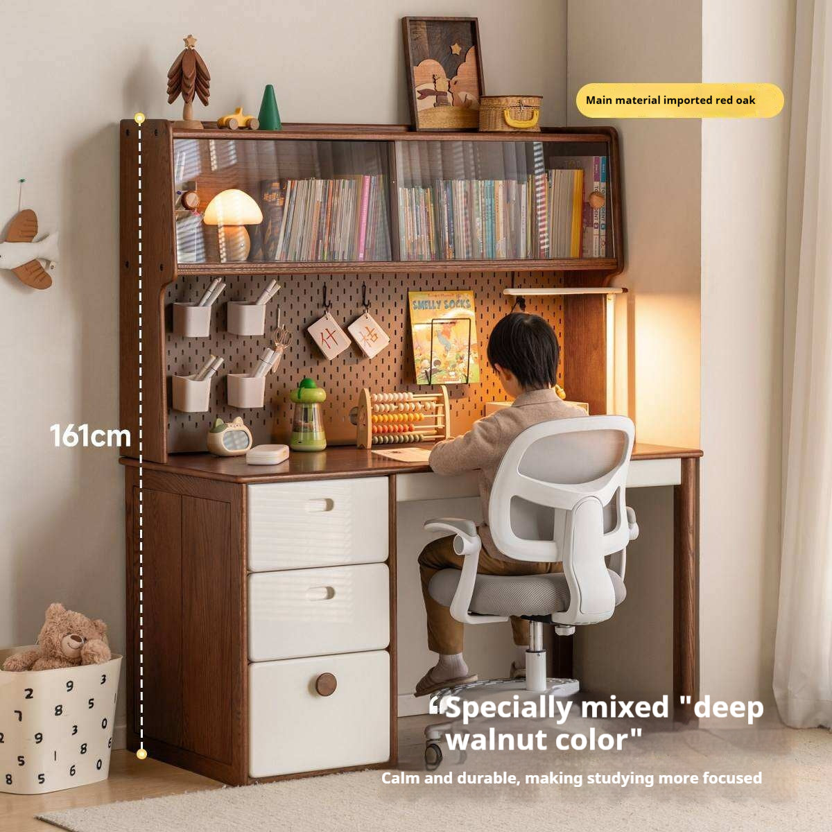 Oak Solid Wood Retro Style Kids Study Desk with Integrated Bookshelf
