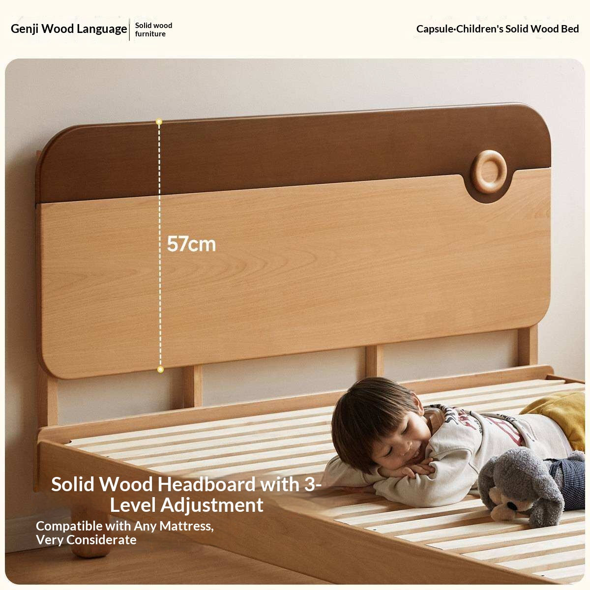 Beech Solid Wood Kids Montessori Platform Bed with Adjustable Headboard