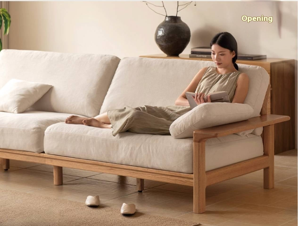 Oak, Ash Solid Wood Wabi Sabi Style Genuine Leather Sofa, fabric sofa