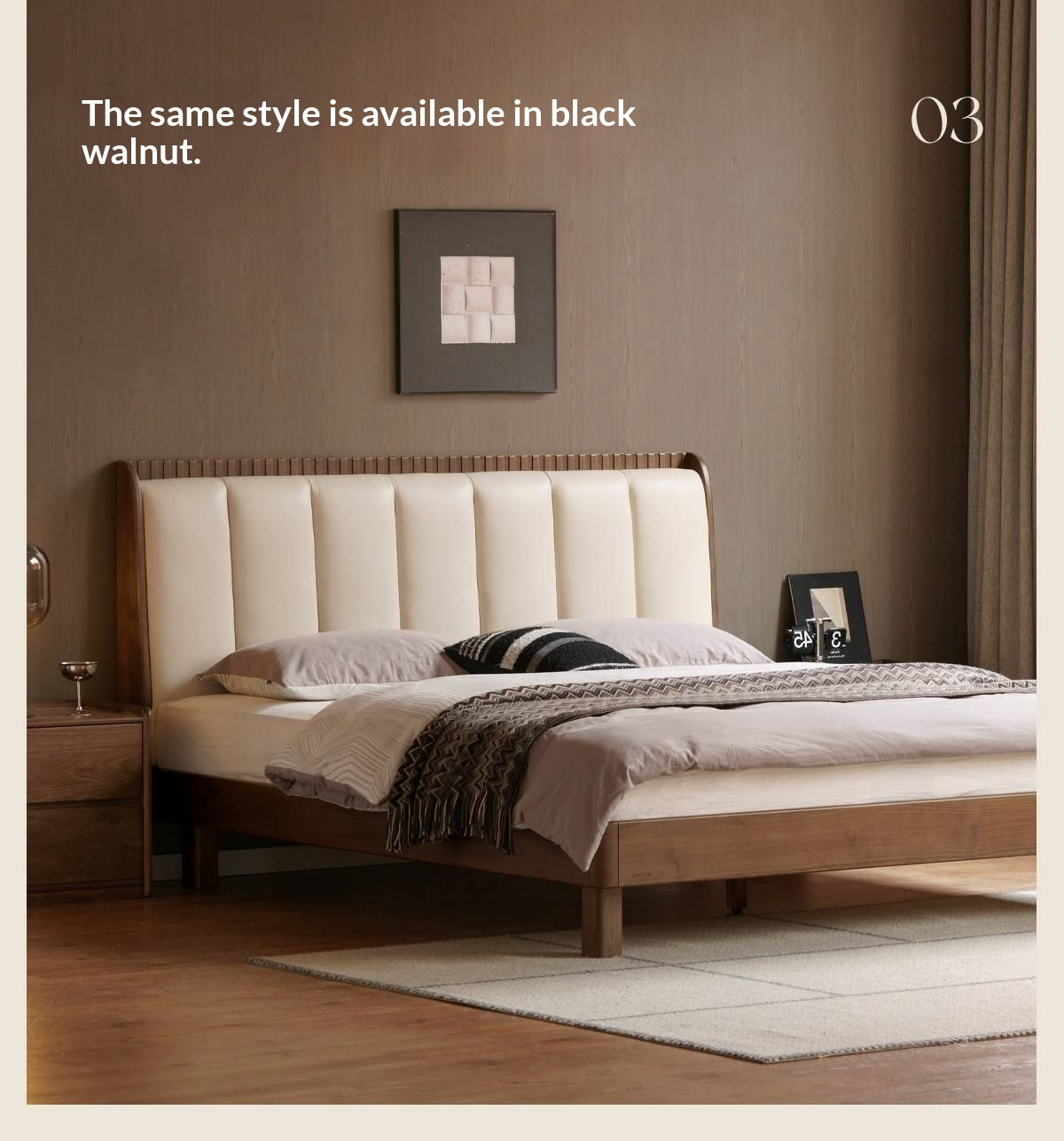 Ash Solid Wood Bed with Genuine Leather Upholstered Headboard