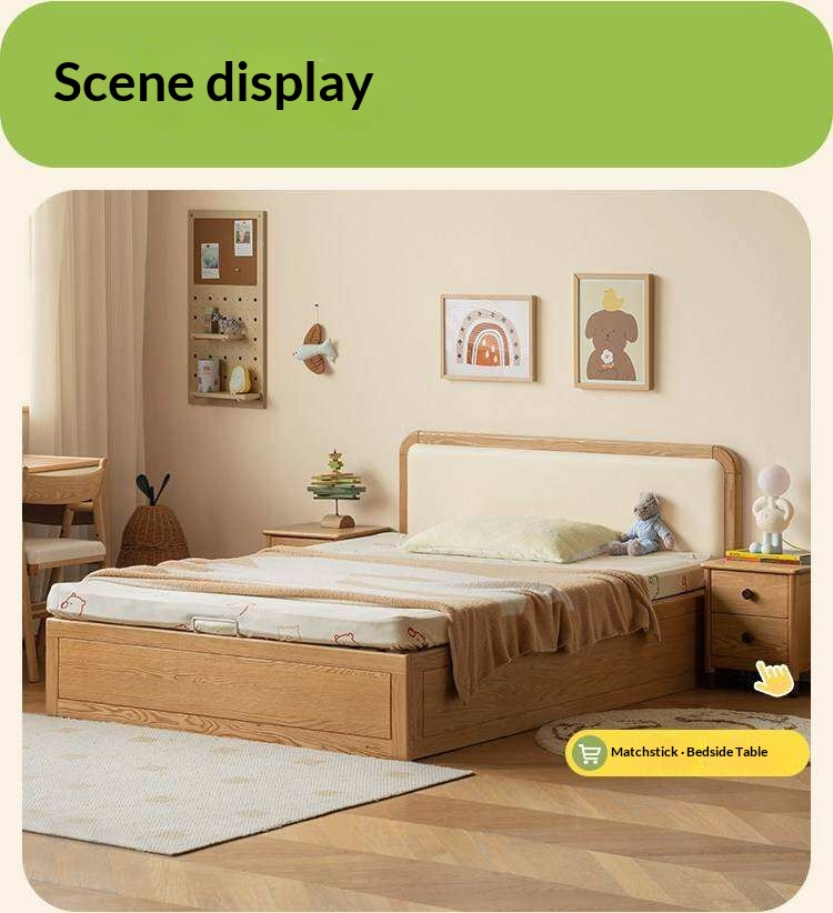 Oak, Rubberwood Solid Wood Upholstered Kids Storage Bed with Gas Lift and Rounded Headboard