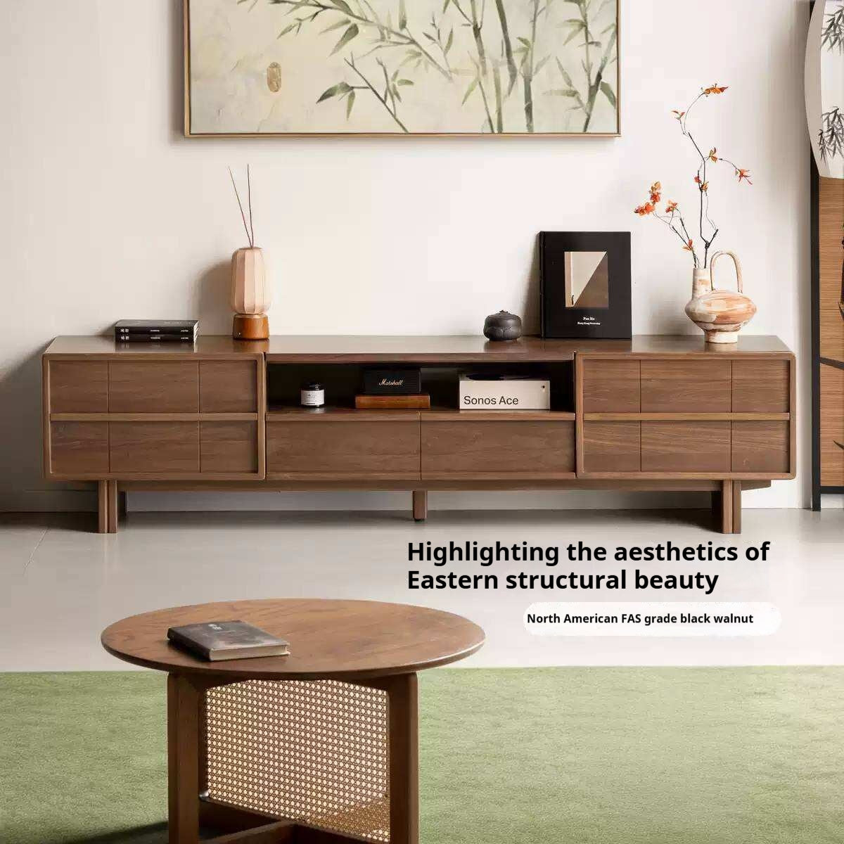 Black Walnut Solid Wood TV Cabinet with Aesthetic Style and Storage Drawers