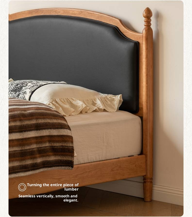Cherry Solid Wood Soft Backrest Bed, French Retro Style