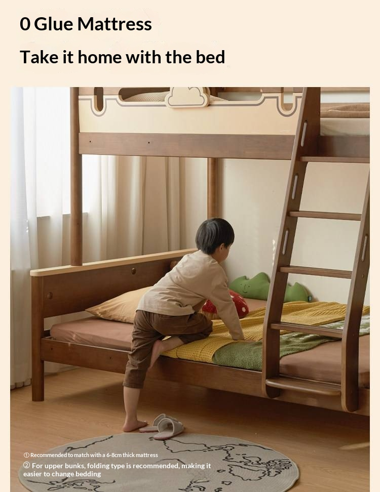 Rubberwood Solid Wood Castle-Inspired Bunk Bed with Cloud Cutout Guardrail