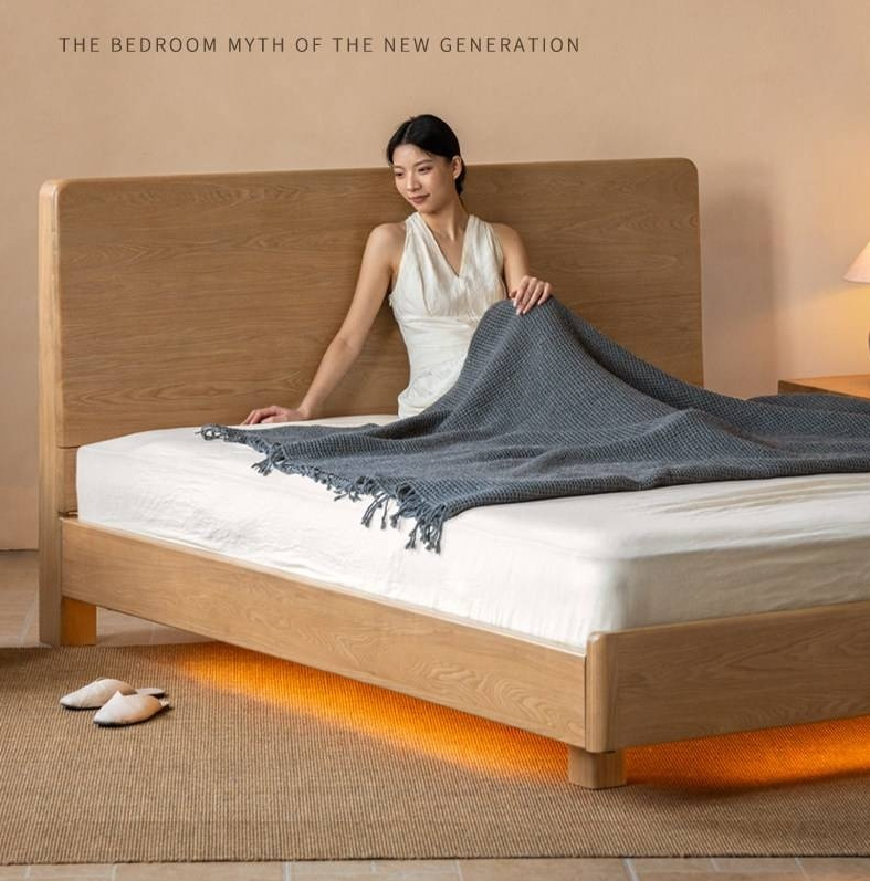 Ash Solid Wood Bed — Modern Minimalist Large Slab Design with Luminous Features