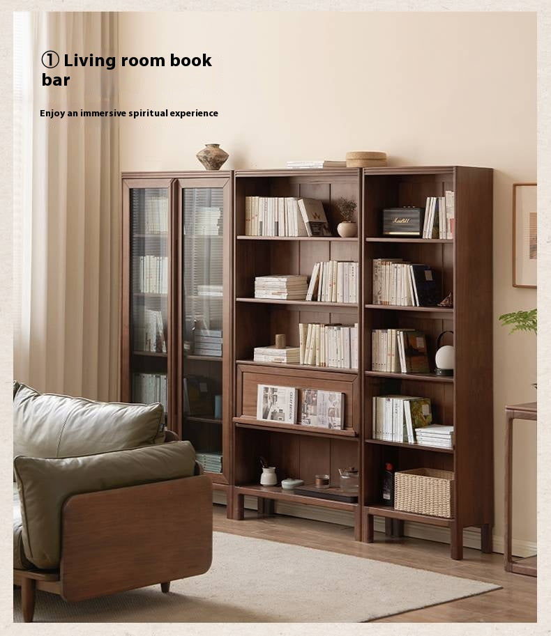 Black Walnut, Oak Solid Wood Nordic Bookcase with Glass Door