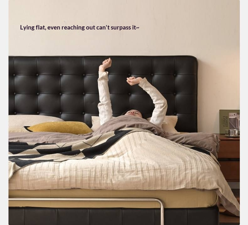 Genuine Leather Bed — Italian Light Luxury, Bauhaus Edge Design, Black Finish