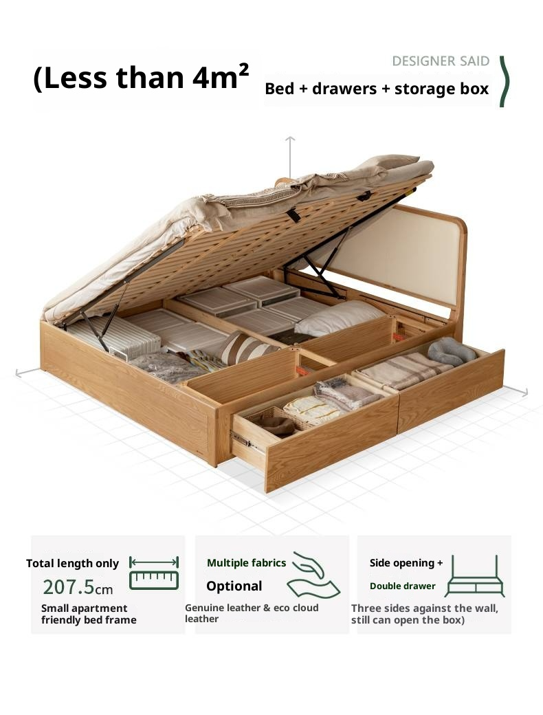 Oak Solid Wood Genuine Leather, Eco-leather Box Bed