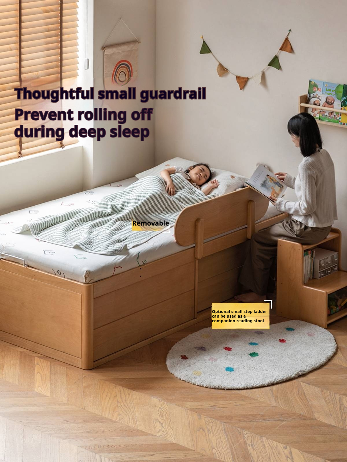 Beech, Rubberwood Solid Wood Kids’ Bed with Guardrail, Platform Bed, Headboard-Free Bed