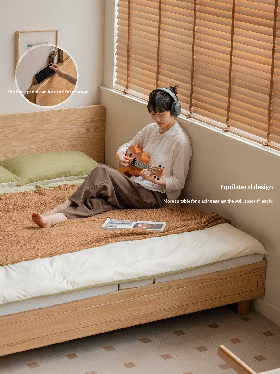 Oak Solid Wood Platform Storage Bed with Hidden Drawers and Bedside Shelf