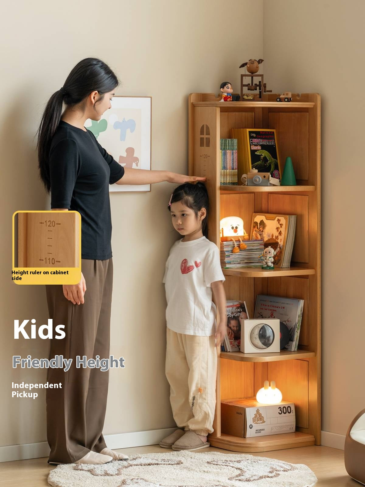 Beech Solid Wood Children's Bookshelf Storage Corner Cabinet