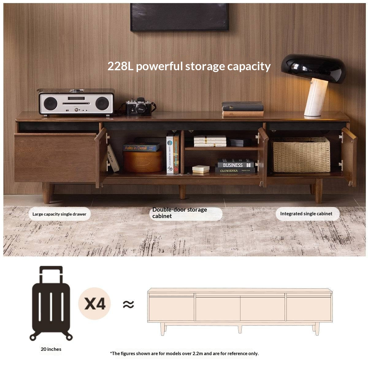 Sandalwood Solid Wood Italian Minimalist TV Console with Tapered Legs
