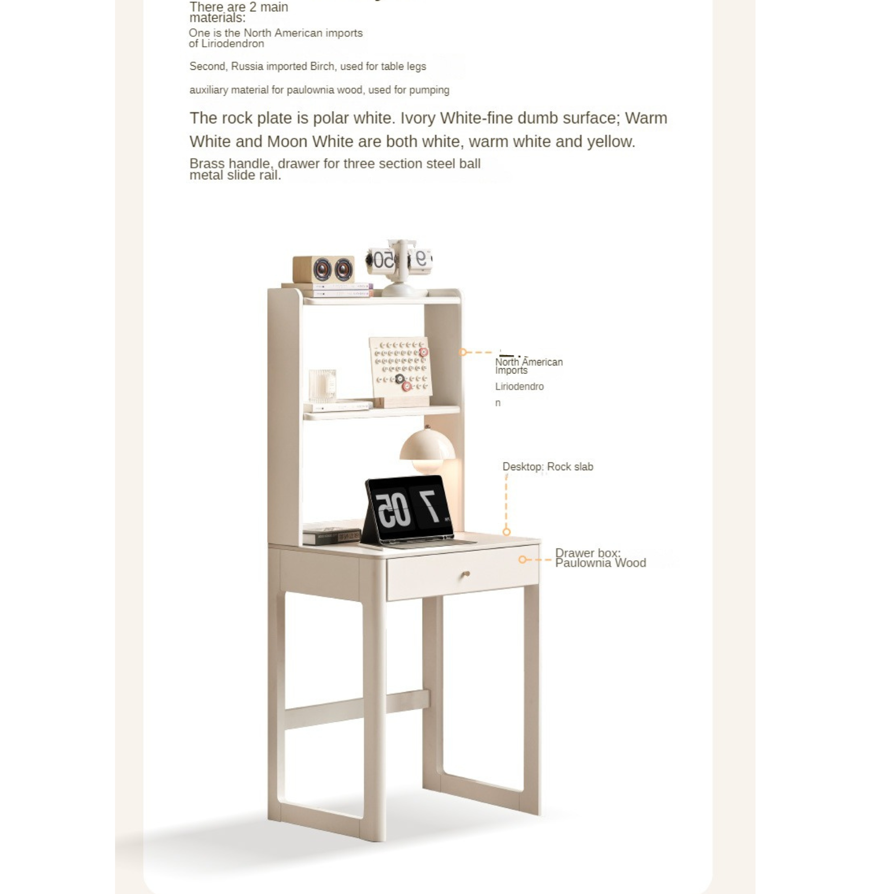 Poplar Solid Wood Rock Board Desk Bookshelf Integrated White Cream