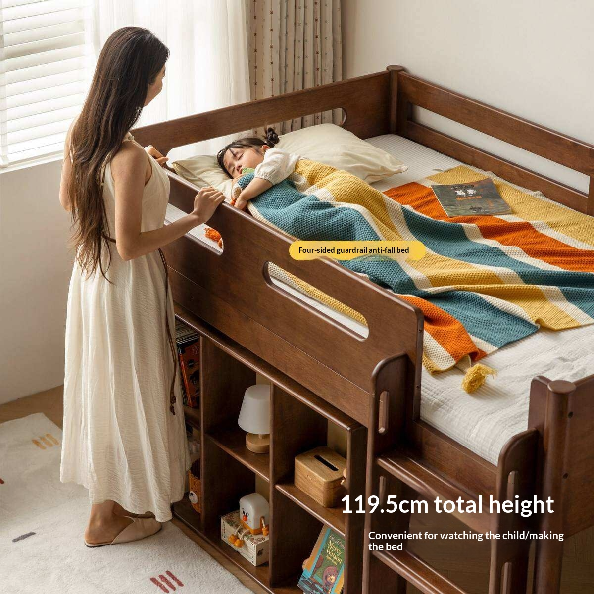 Rubberwood Solid Wood Mid-Height Kids Loft Bed with Staircase and Bookshelf Storage