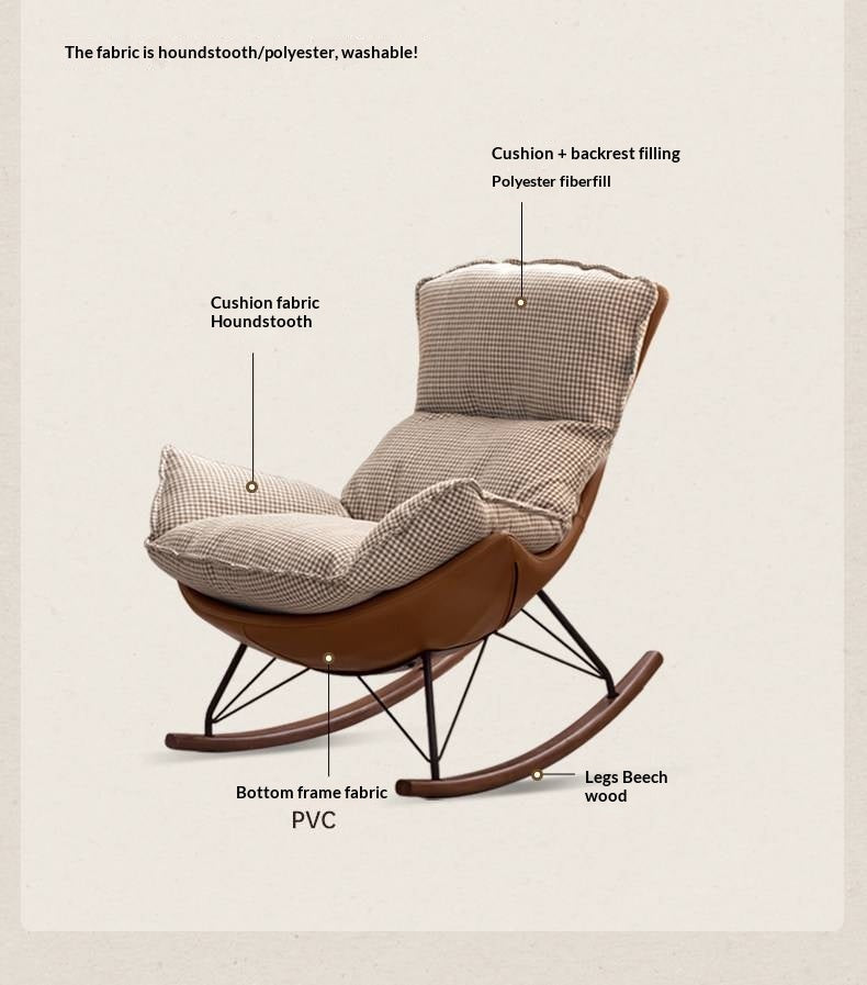 Beech Solid Wood Mid-Century Rocking Accent Chair with Houndstooth Cushion