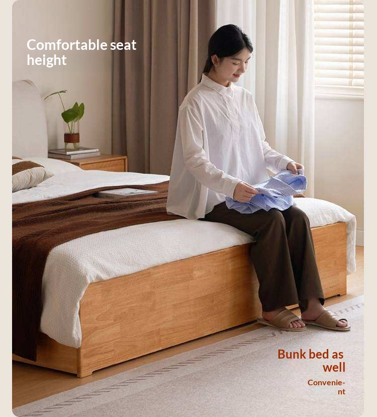 Rubberwood Solid Wood Storage Bed with Lift-Up Base and Soft Upholstered Headboard