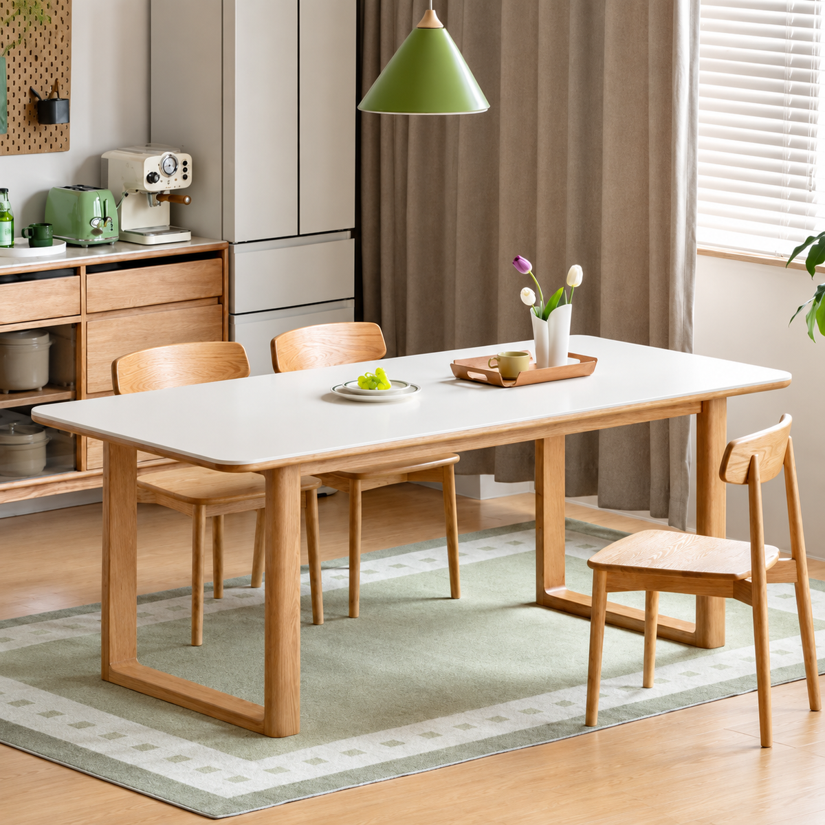 Ash, Oak Solid Wood Rectangular Dining Table with Block Base Wood Legs and Stone Top