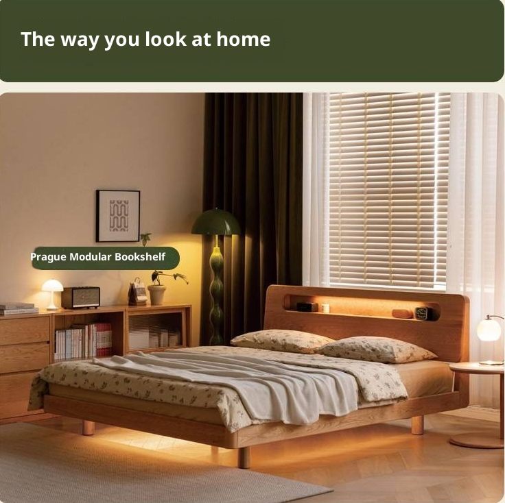 Cherry Solid Wood Retro with Socket Night Light Bed