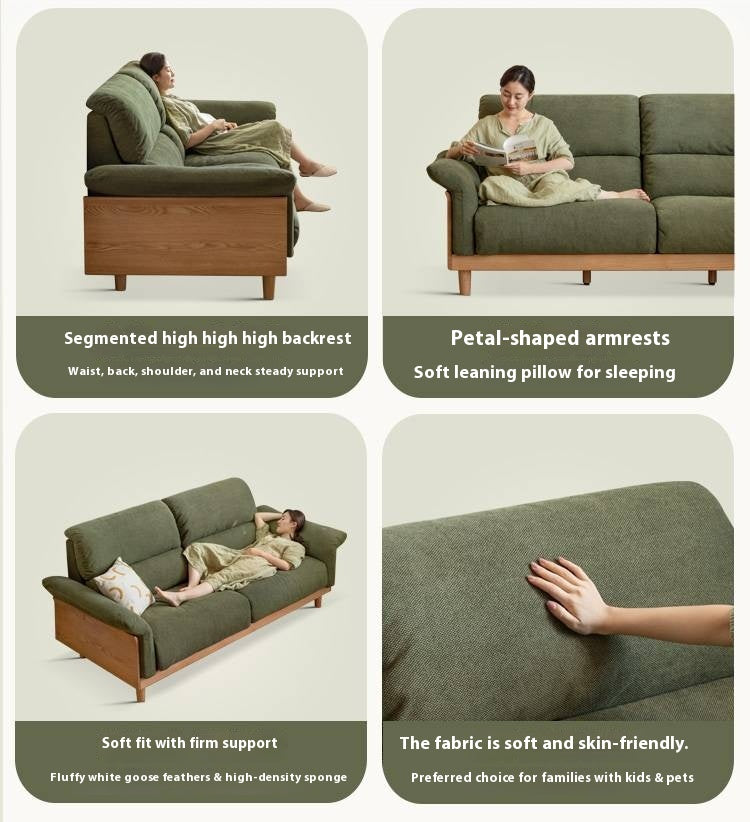 Oak Solid Wood Fabric Sofa, Couch with High Back Cushions, Durable Pet-Friendly Upholstery