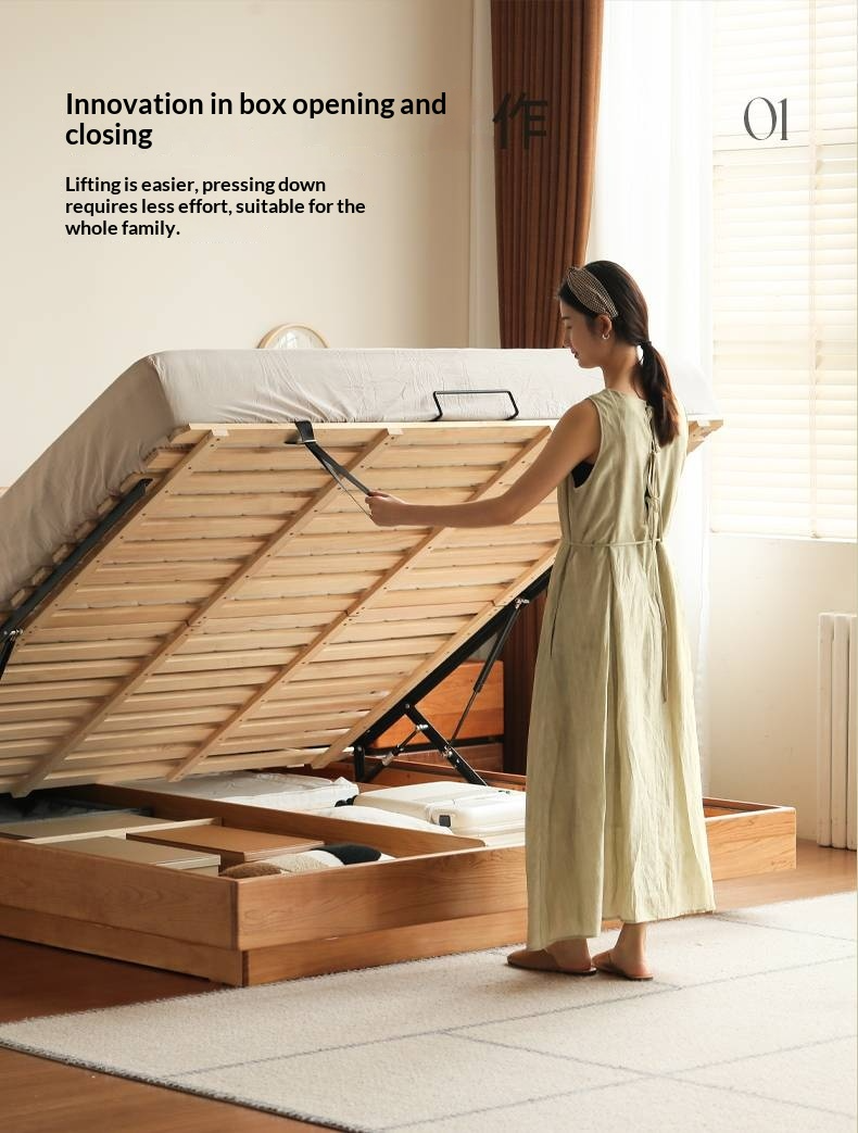 Cherry Solid Wood Modern Minimalist Storage Box Bed with Suspension Design