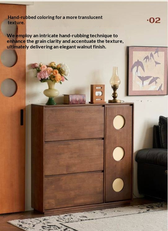 Solid RubberWood Vintage Shoe Cabinet with Flip-Down Drawers and Round Inlay Accents