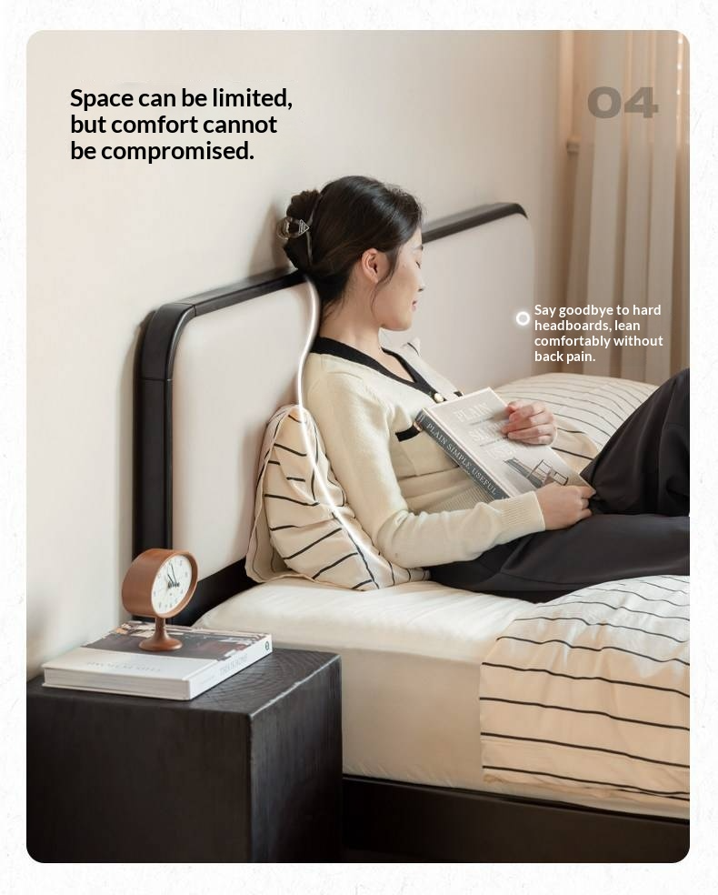 Rubberwood Solid Wood Bed — Modern Minimalist Design with Black Soft Headboard