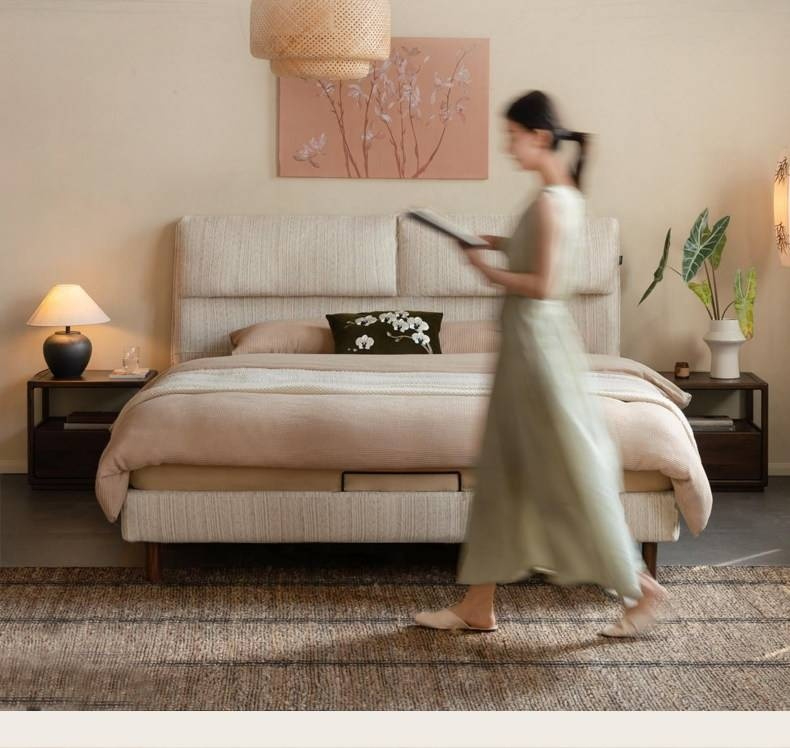 Fabric Beige Soft Bed Modern Style