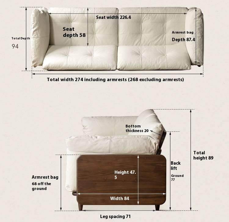 Black Walnut, Oak Solid Wood Genuine Leather Sofa Italian-Inspired