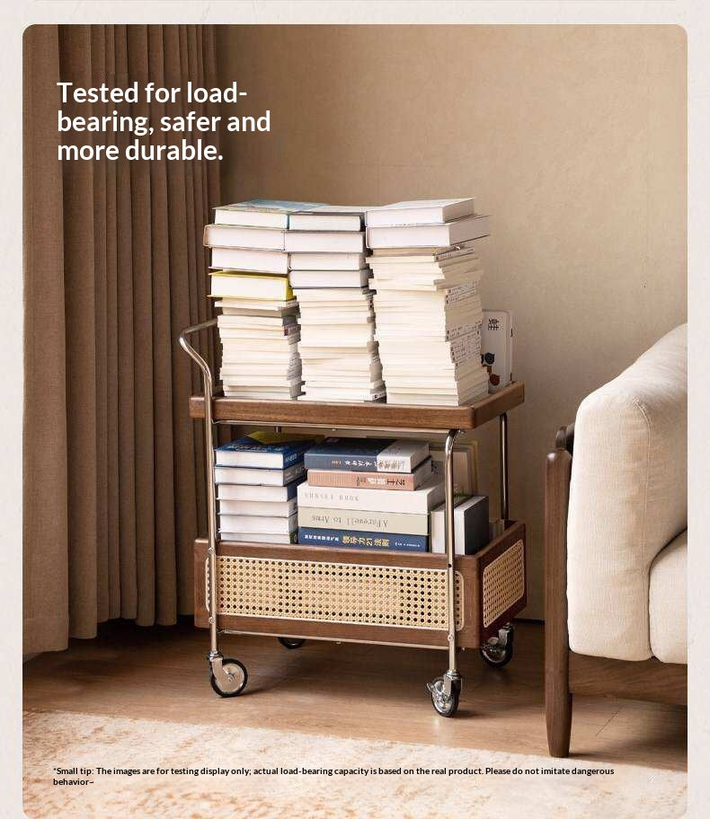 Oak Solid Wood Side Table with Double Layer Storage and Mobile Trolley