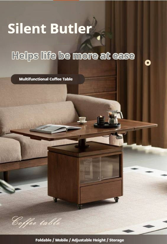 Black Walnut, Oak Solid Wood Adjustable Coffee Table – Folding Lift-Top Table with Wheels