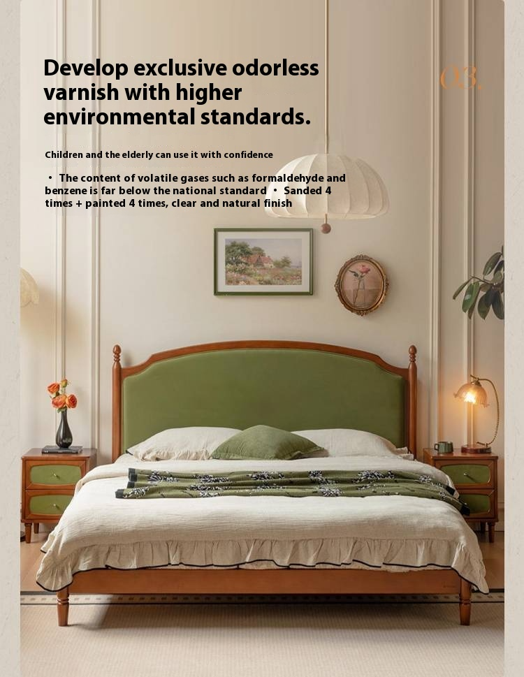 Poplar Solid Wood Bed – French Retro Design with Soft Fabric Upholstery