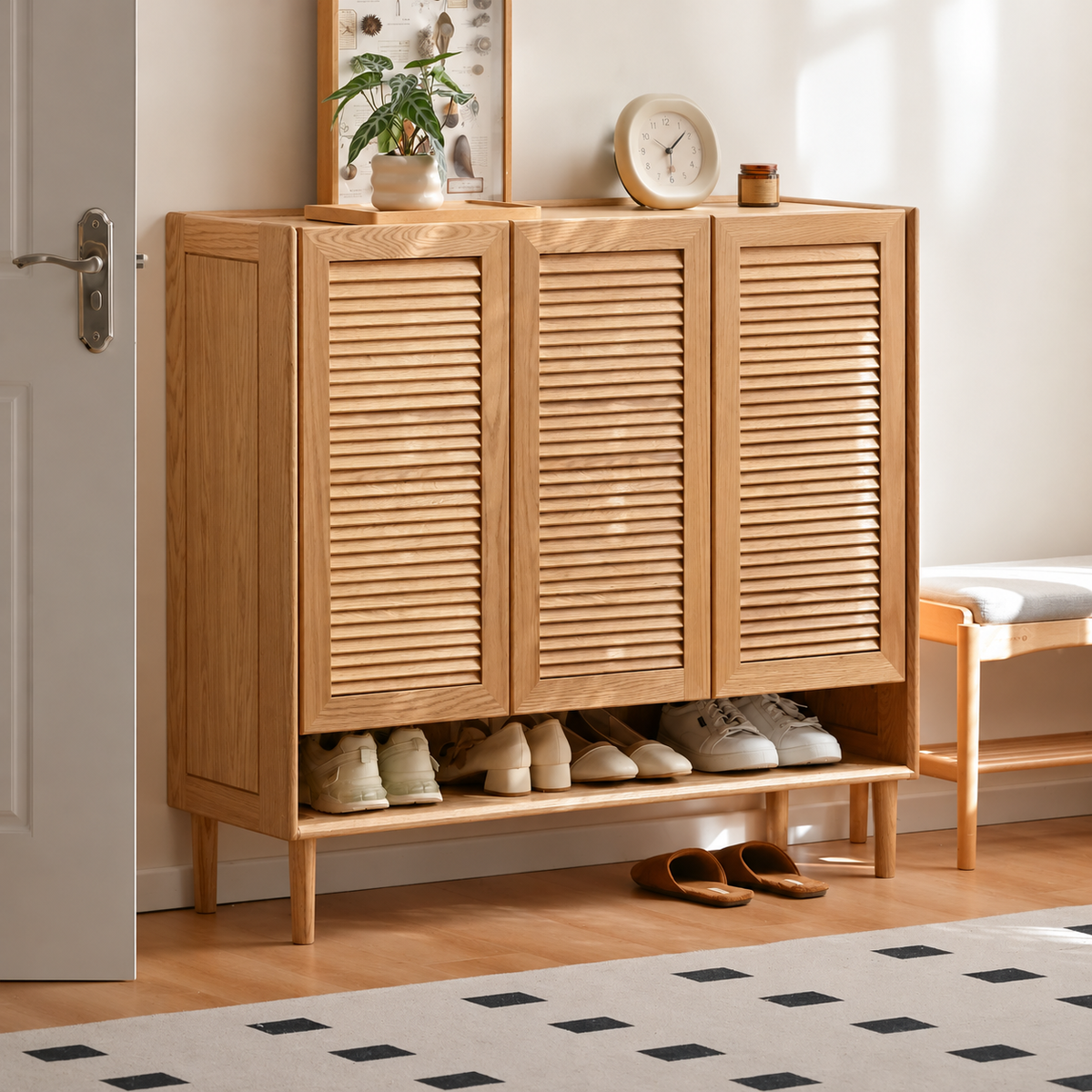 Oak Solid Wood Louvered Door Shoe Cabinet with Open Shelf for Entryway