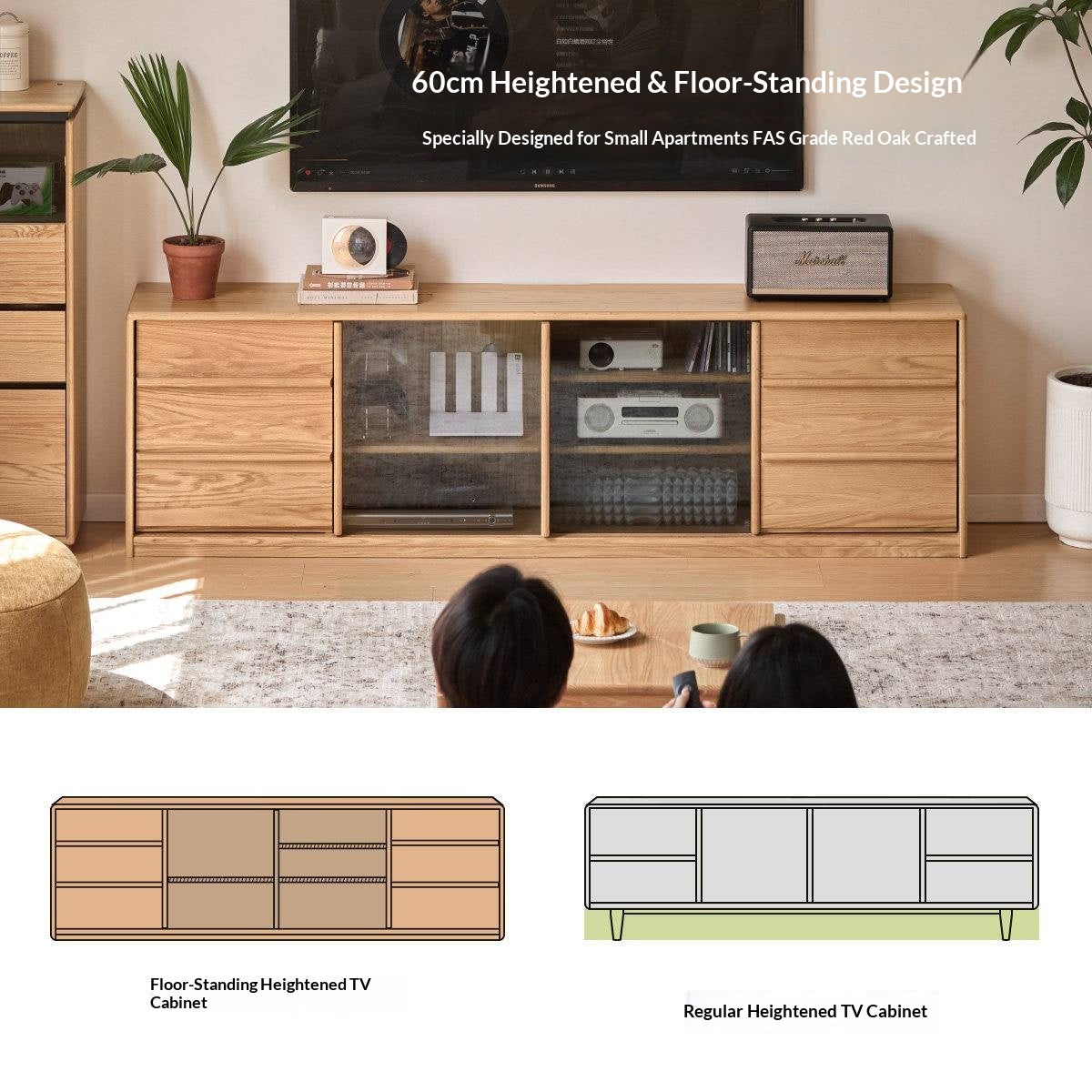 Oak Solid Wood TV Stand with Sliding Glass Doors and Drawers