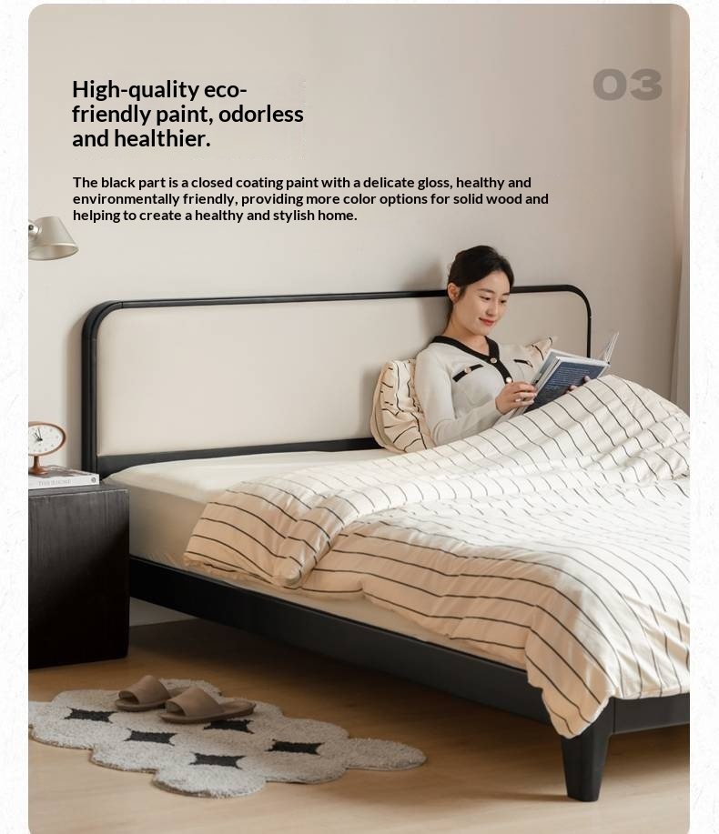 Rubberwood Solid Wood Bed — Modern Minimalist Black Design with Soft Headboard